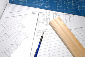 Blueprint, moulding sample, and pencil